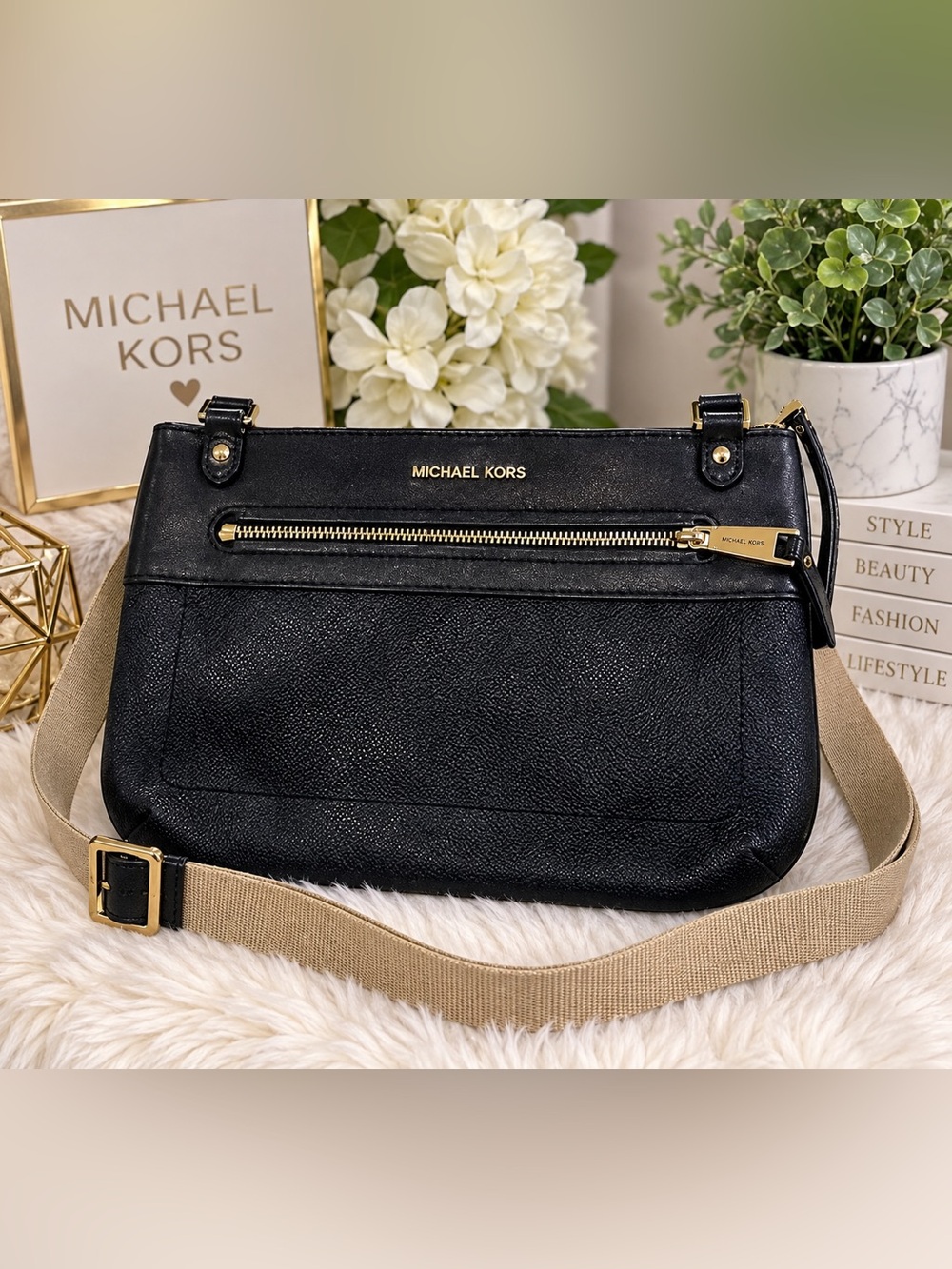 Michael Kors Black Pebbled Leather Crossbody Shoulder Bag Gold Hardware